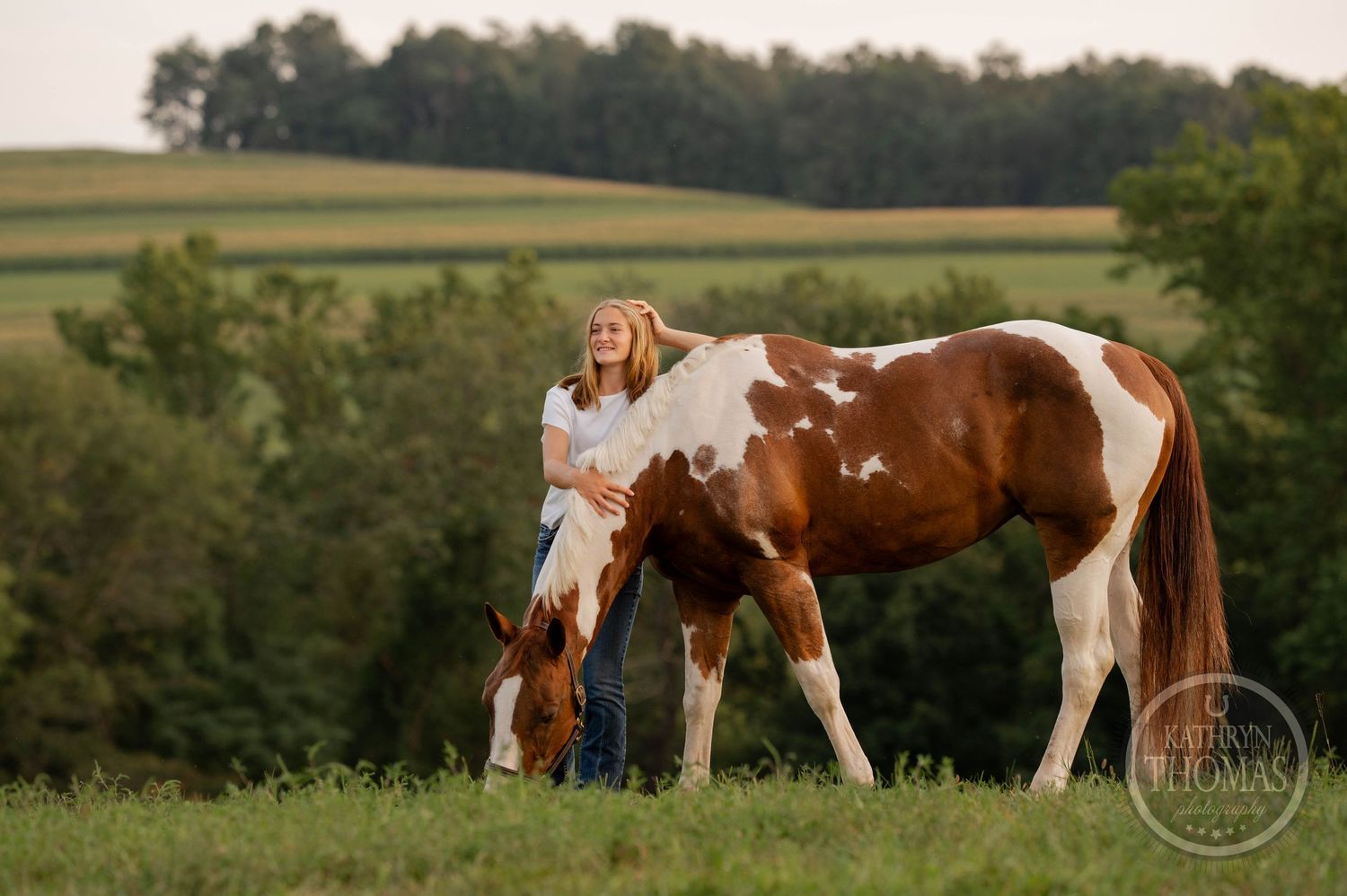 Brown and white horse grazes in rolling green pasture while being accompanied by companion at sunset.