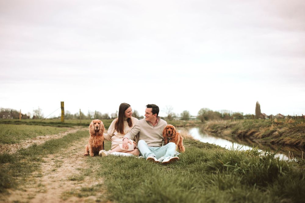 Koppelshoot samen met hun hondjes in de weide natuur.