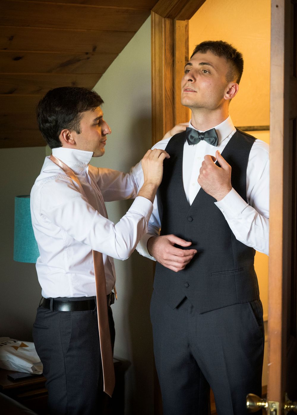 Sequence of getting ready photos showing formal attire preparation in a warm indoor setting.