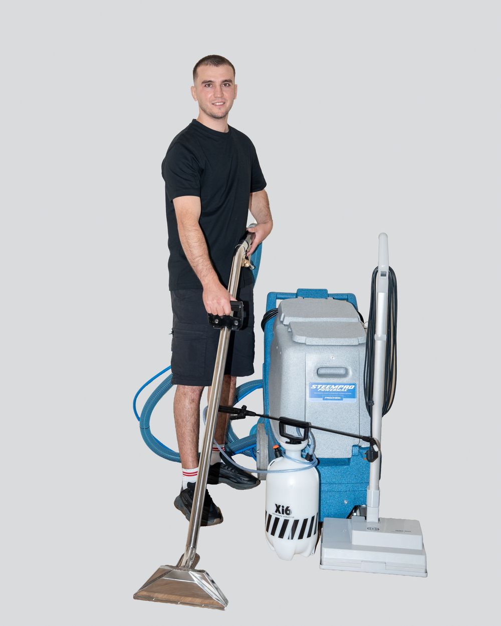 Three images showing a demonstration of a carpet cleaning machine with water extraction and cleaning capabilities.