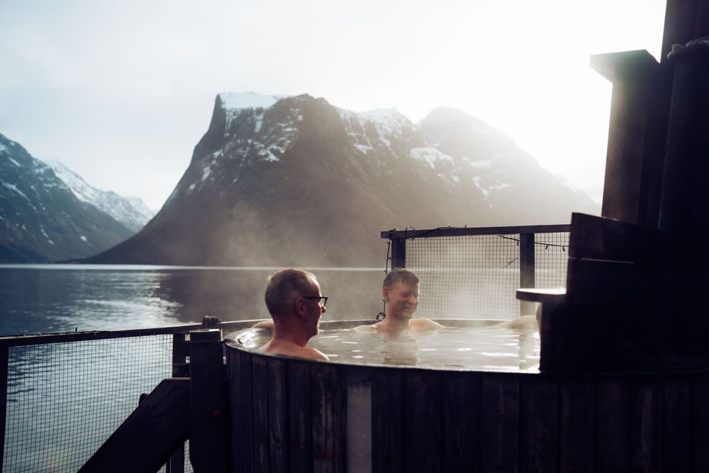 Norwegian fjord and bathtub in Sæbø, Hjørundfjorden, Sunnmøre Norway