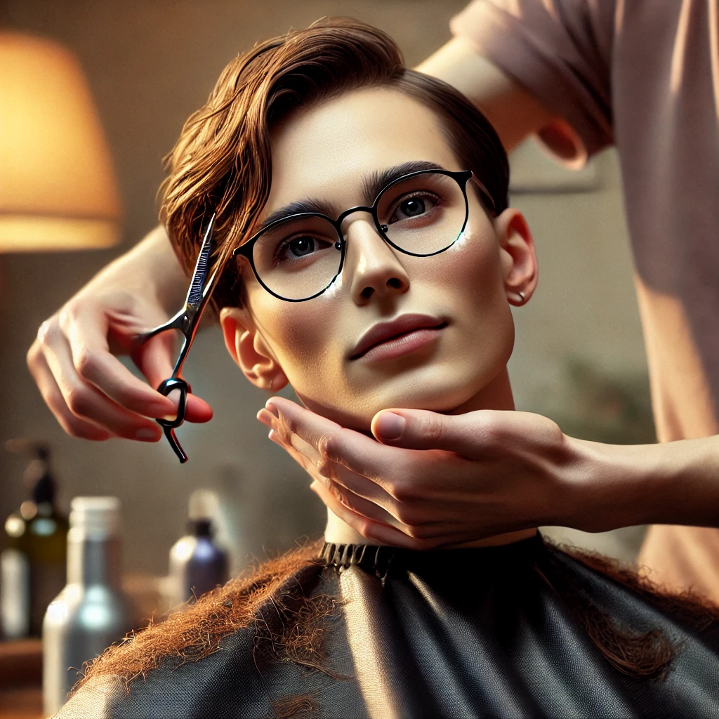 Stylist using scissors and comb to trim hair of person wearing round glasses at salon.