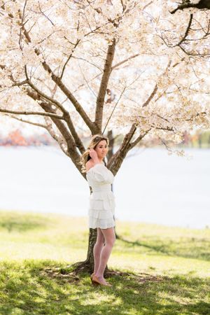 A white lace dress stands beneath a blooming cherry blossom tree on a sunlit spring day at the park.