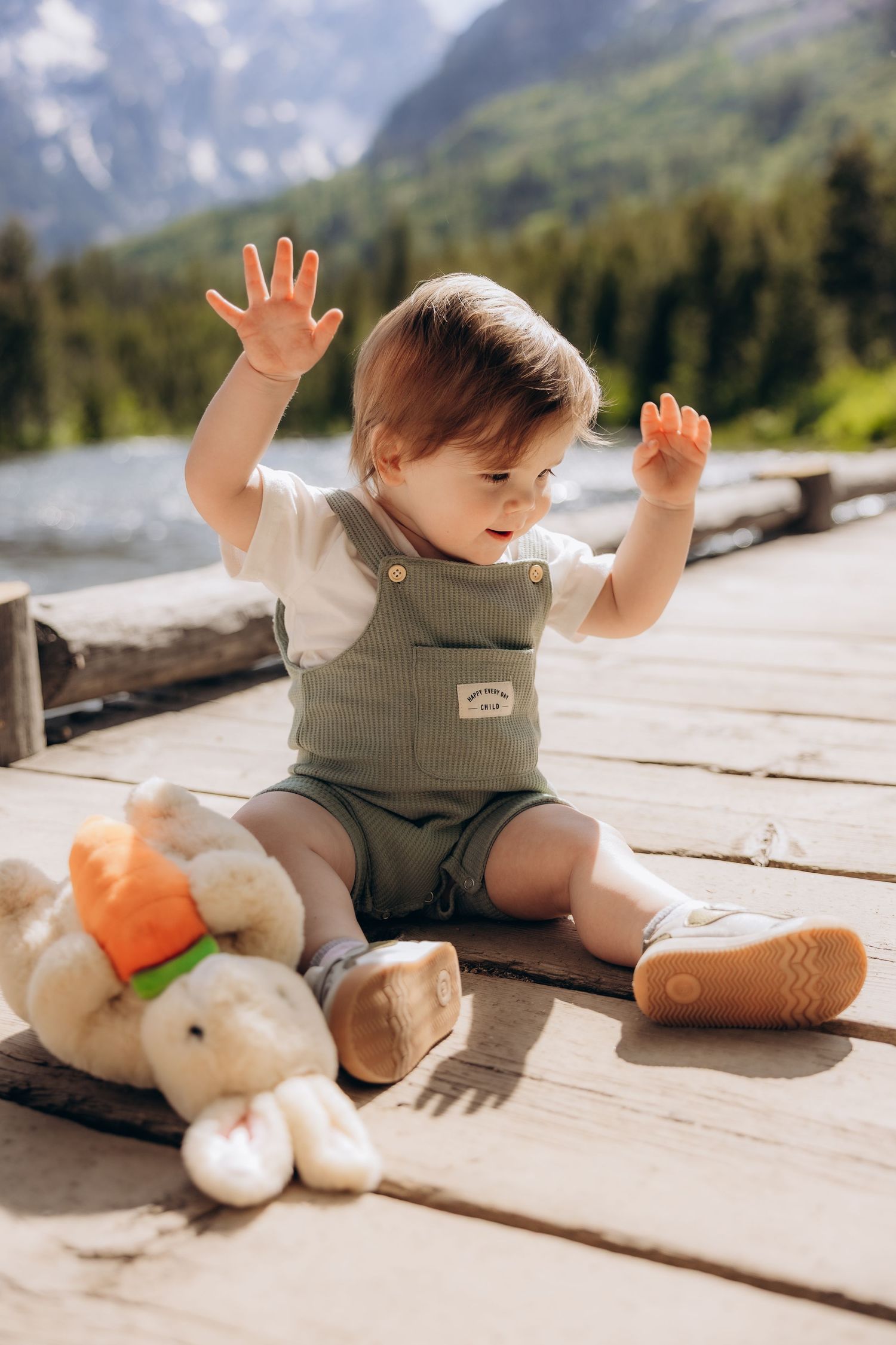 Toddler in olive green overalls sits on wooden deck with stuffed animal toy in mountain landscape setting.