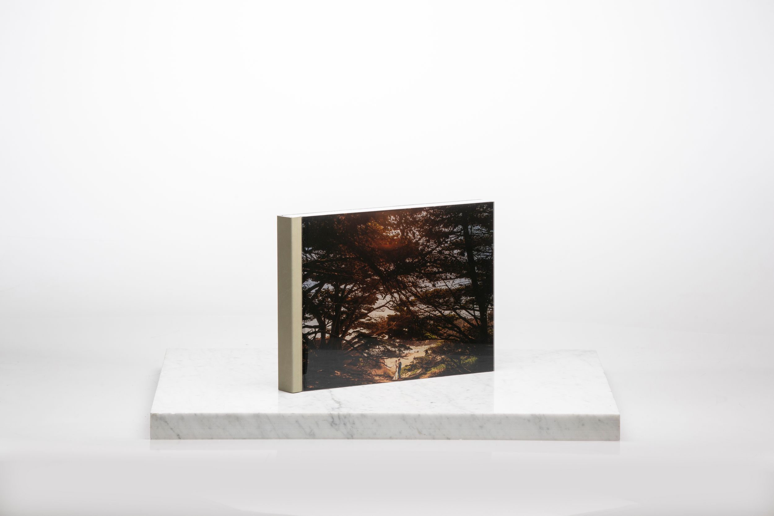 Four empty white walls with art frames showing scenic landscapes at different viewing angles against a neutral background.
