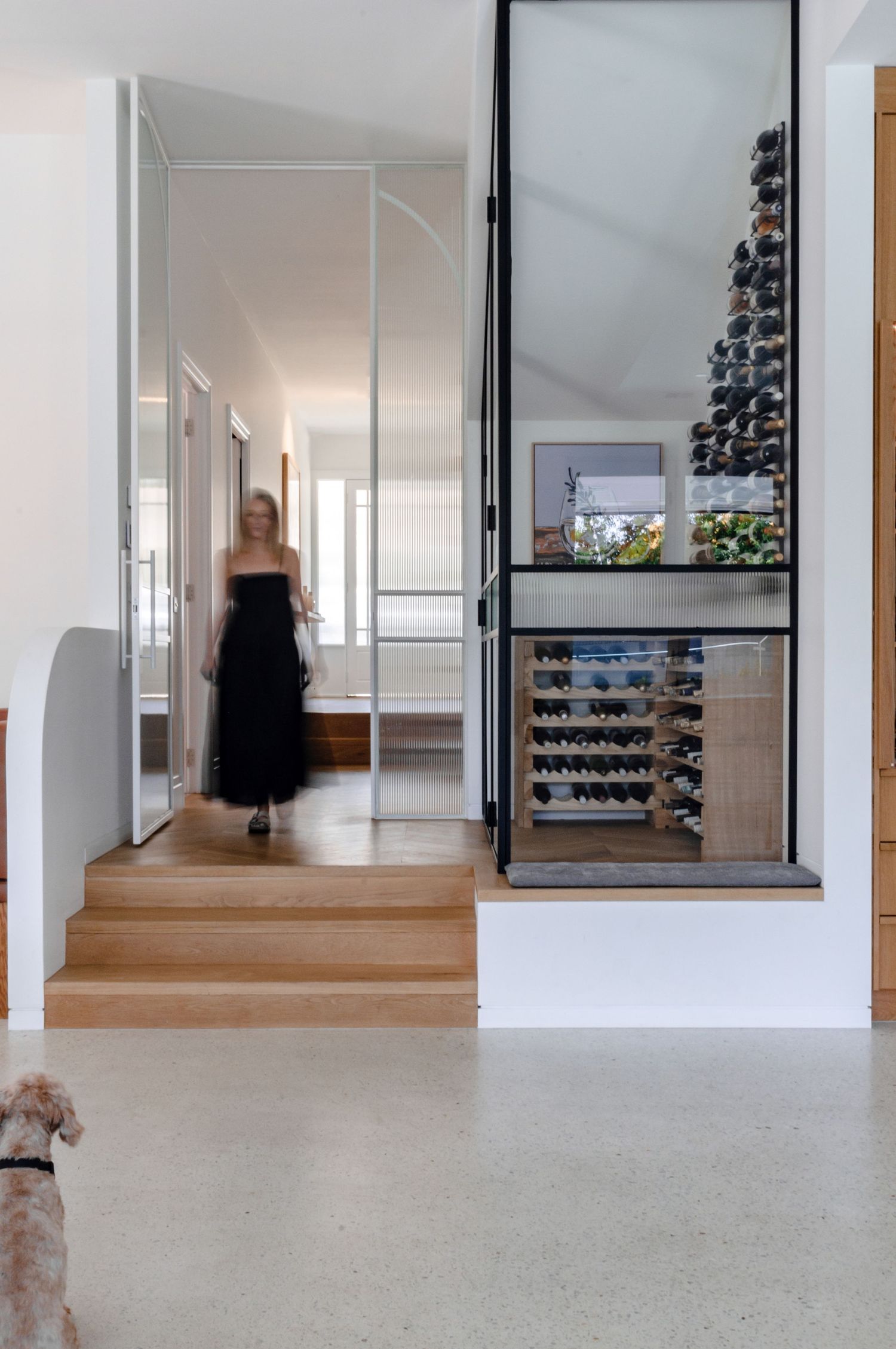 Modern hallway with luxurious wine storage display and wooden floors leading to bright interior spaces.