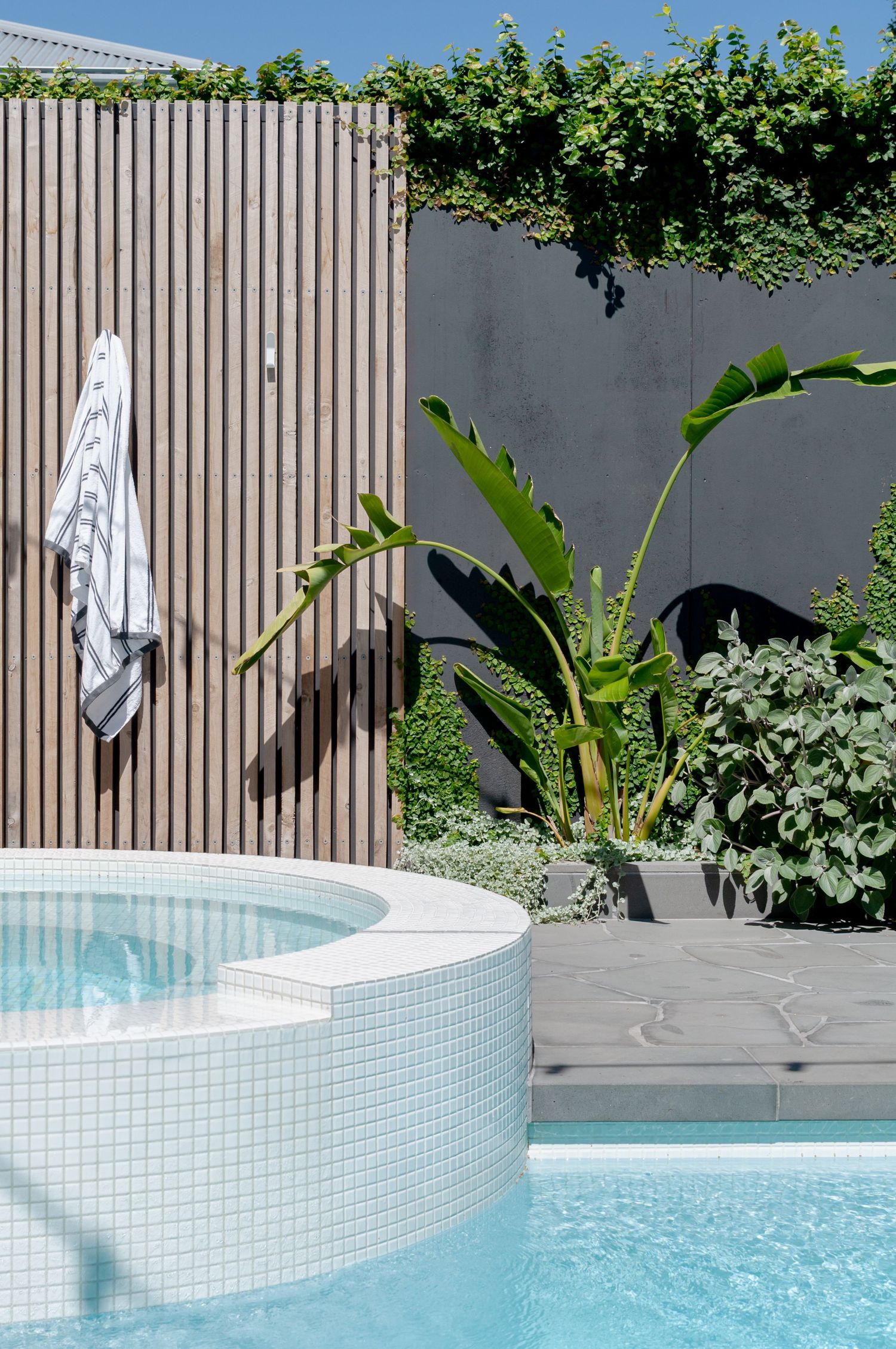 Modern outdoor pool area with wooden slat wall, tropical plants, and white towel hook.