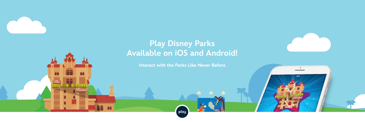 Disney Parks app promotional banner showing castle illustration on green landscape background.