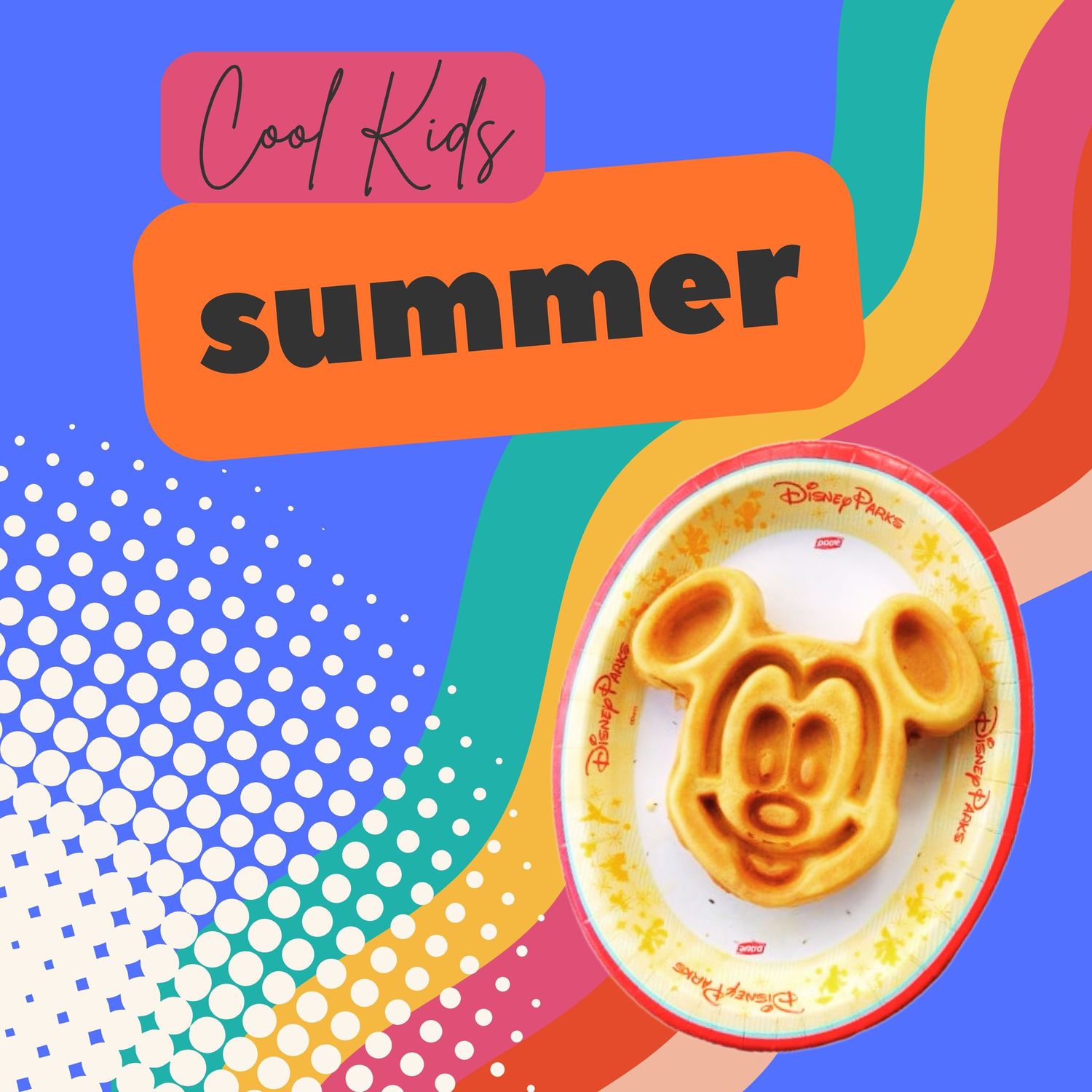 Summer-themed Disney graphic with Mickey Mouse shaped waffle on rainbow background.
