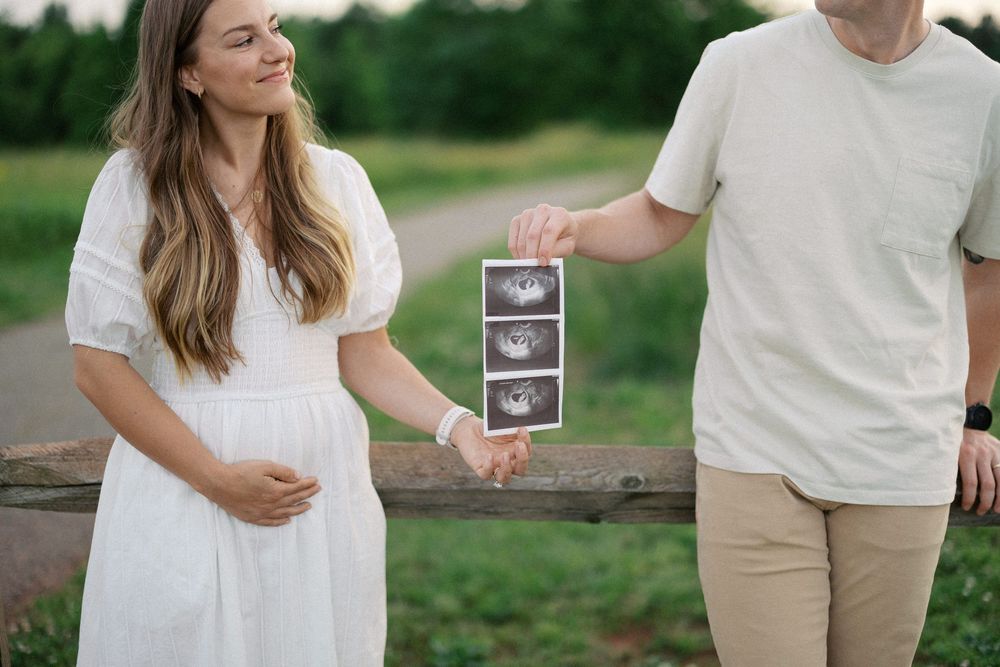 Maternity photo sequence showing couple interacting sweetly outdoors in a natural setting with white and beige outfits.