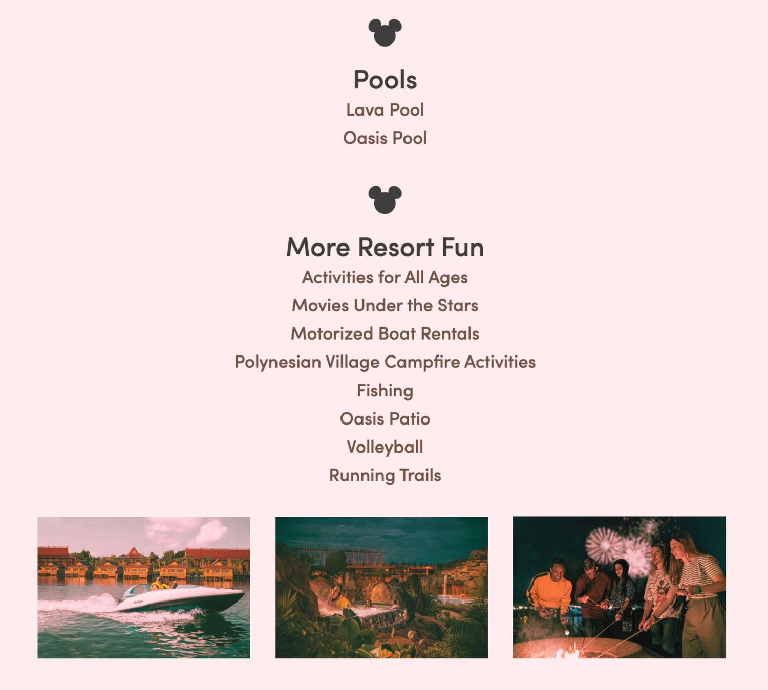 An activities menu showing pool and resort amenities including movies and sports at a tropical resort.