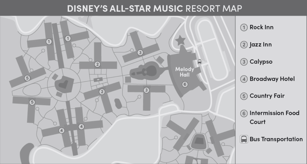 Black and white map layout showing different sections of Disney's All-Star Music Resort.