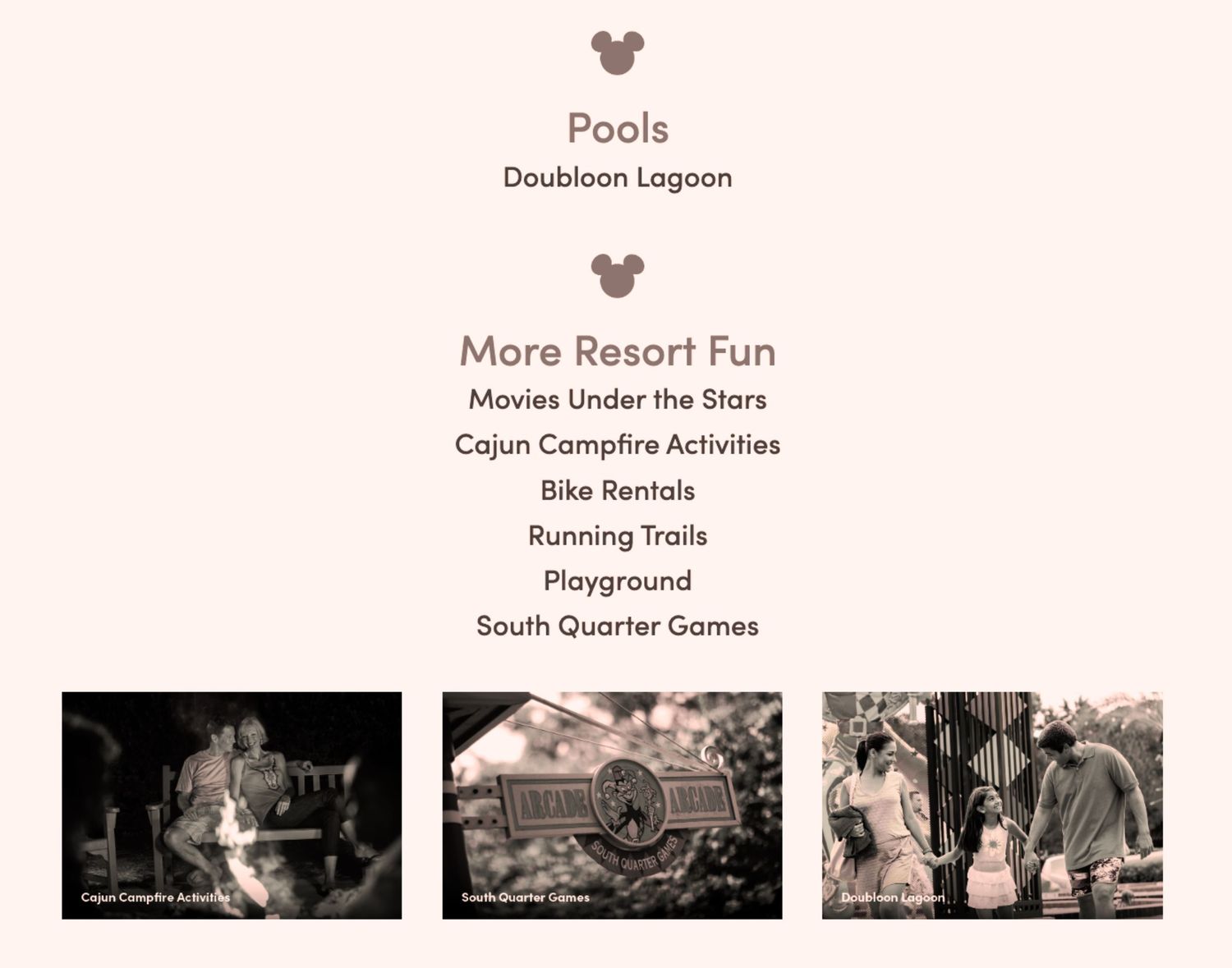 Resort amenities infographic showing pools, lagoon and recreational activities.
