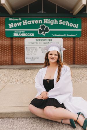 senior girl white cap and gown New Haven high school shamrocks black dress