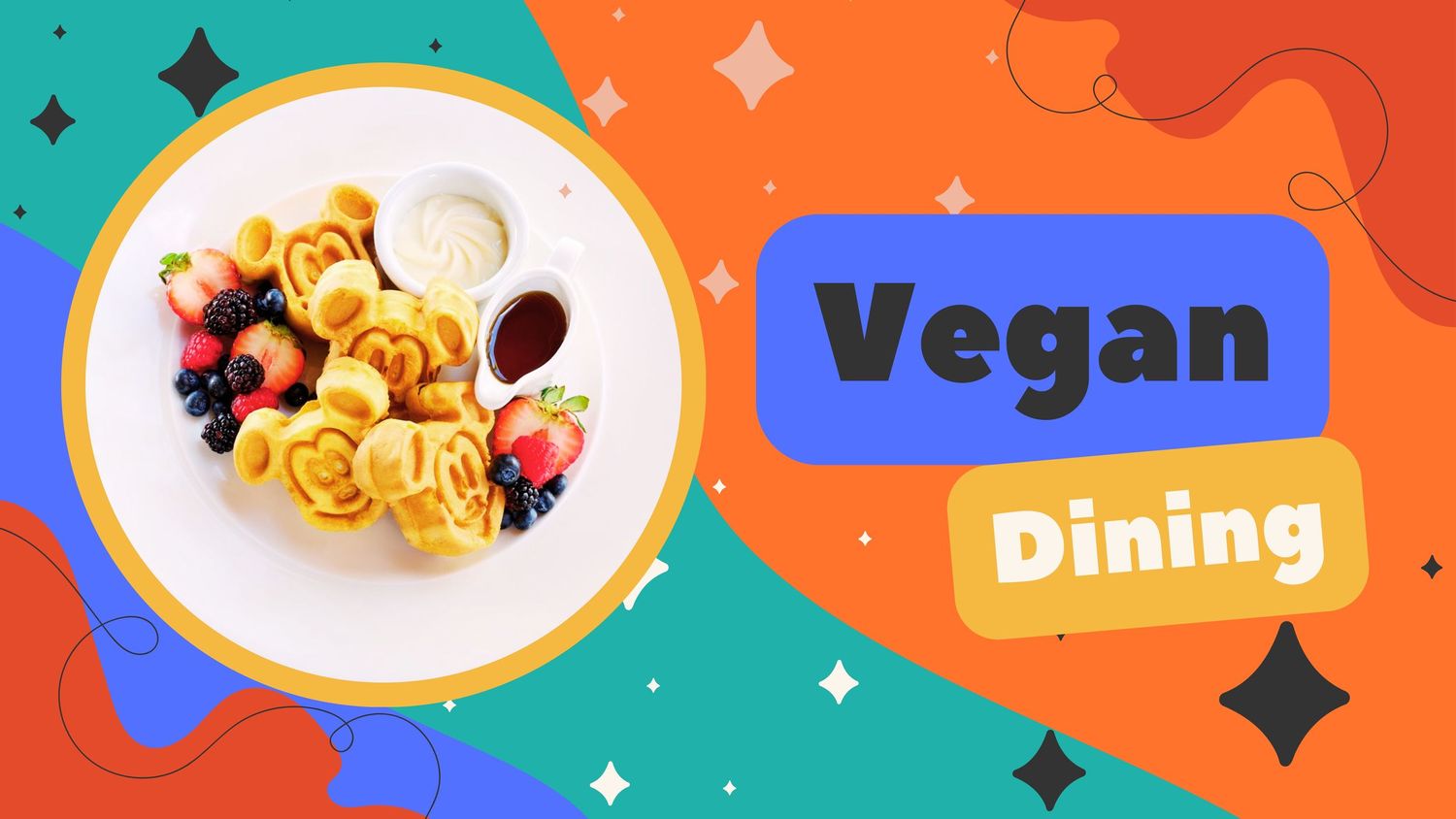 Colorful wavy banner featuring vegan dining options and decorative food plates.