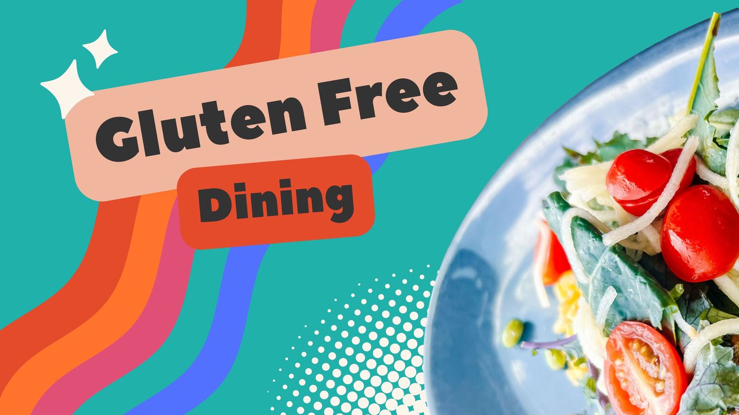 Gluten free dining banner with sparkle effects on turquoise background.