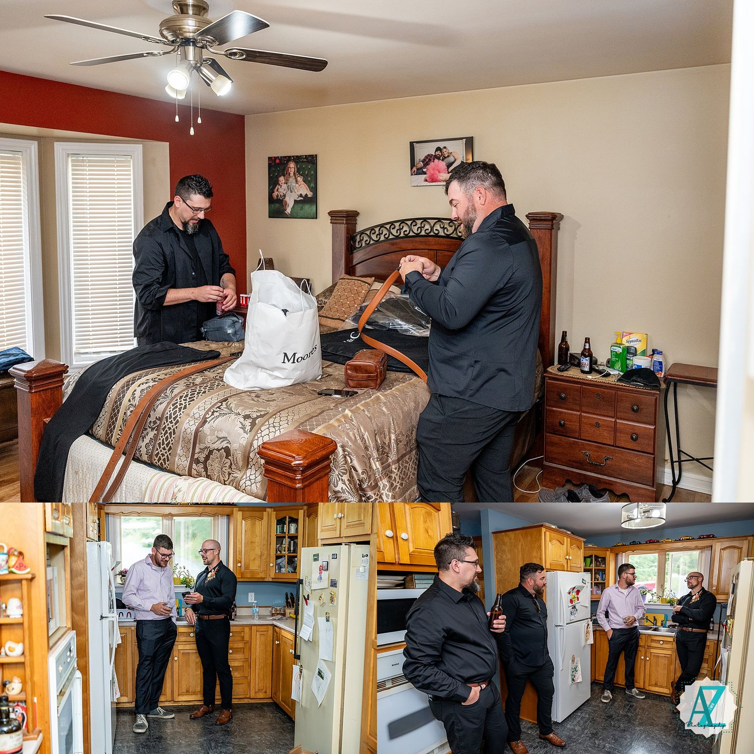 A panoramic view of a living room with furniture and people moving items around shows a home in transition during relocation.