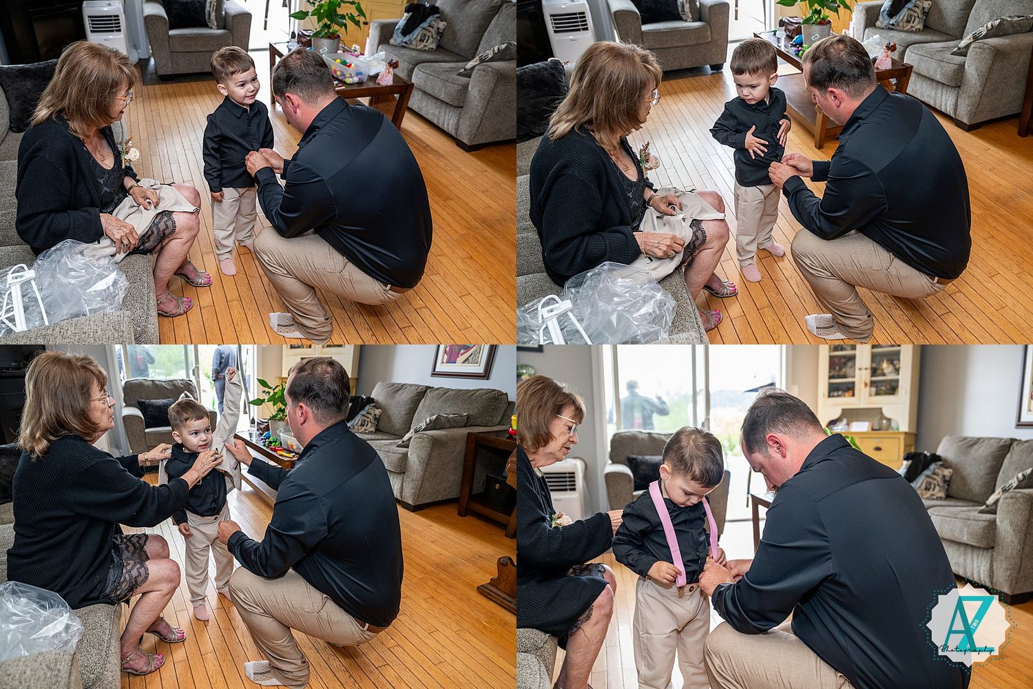 Groomsmen gather around a floor while preparing and looking at items during wedding preparations.