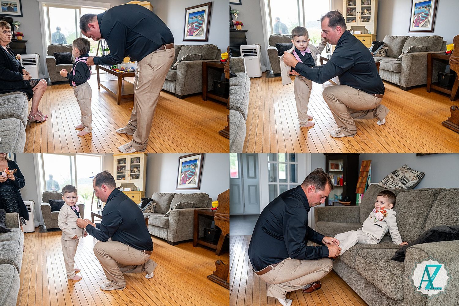 Series of images showing playtime interactions between a person and small dog in a home setting.