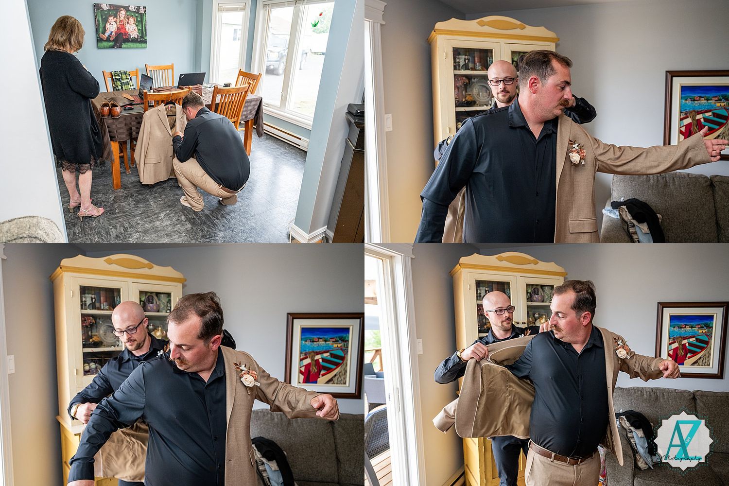 Montage of images showing a renovation project in progress with tools, materials, and people working in various rooms.
