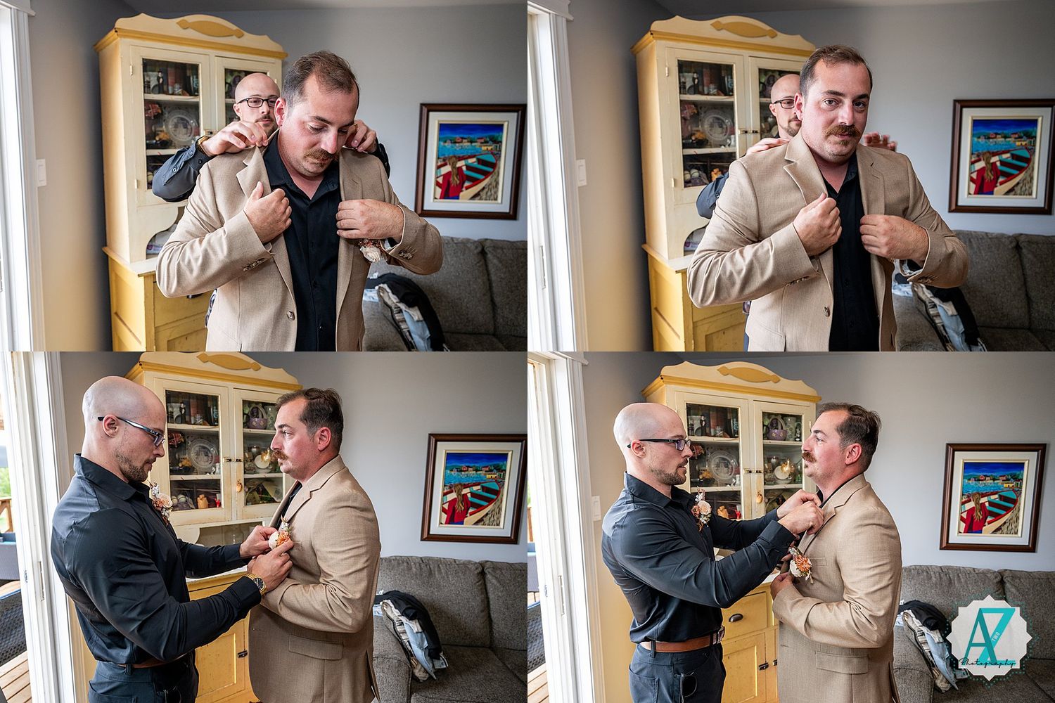 A sequence of photos shows two men in a living room engaged in an apparent confrontation or dramatic interaction.