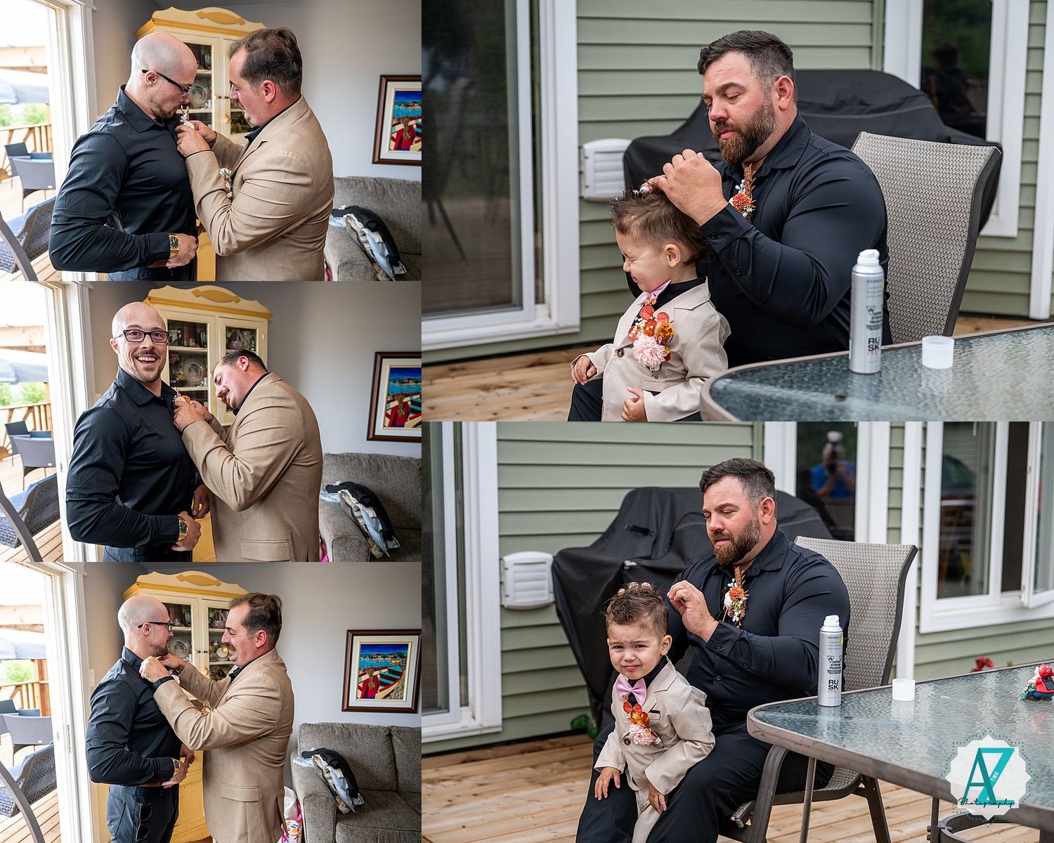 Sequential photos showing someone playing with a small white dog in a living room with hardwood floors.