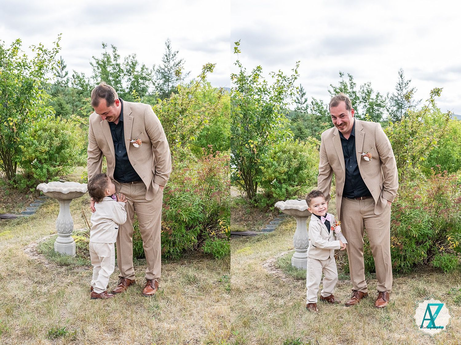 A series of candid outdoor family photos taken in a natural setting with lush greenery and foliage in the background.