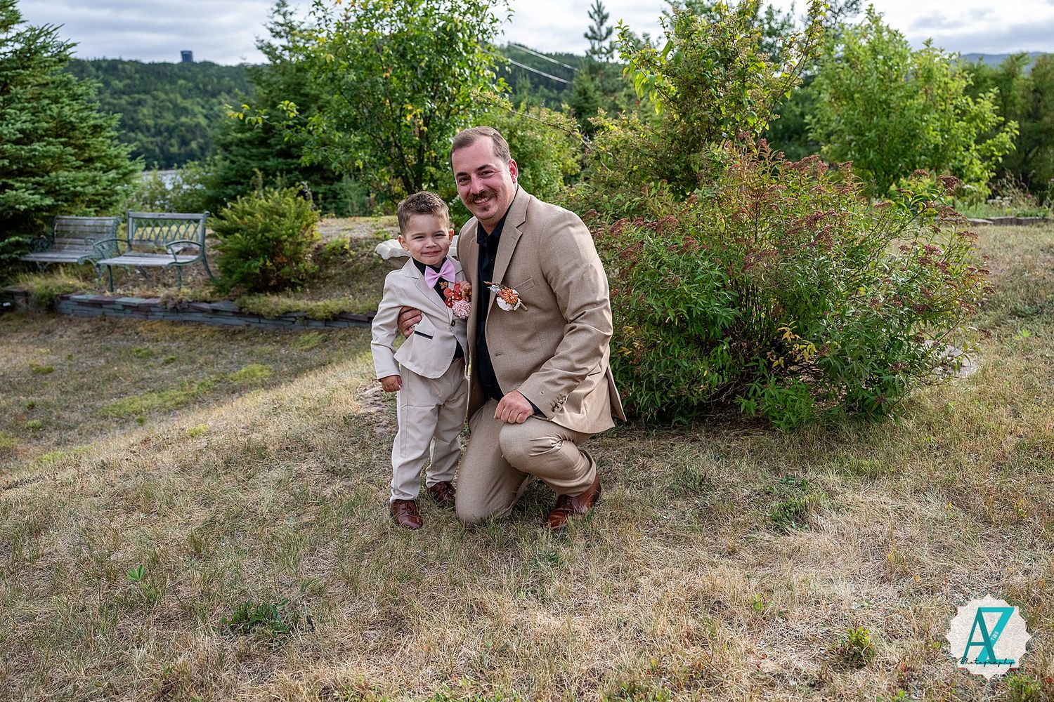 An outdoor photo series showing grassy hillside moments against a cloudy mountain backdrop.