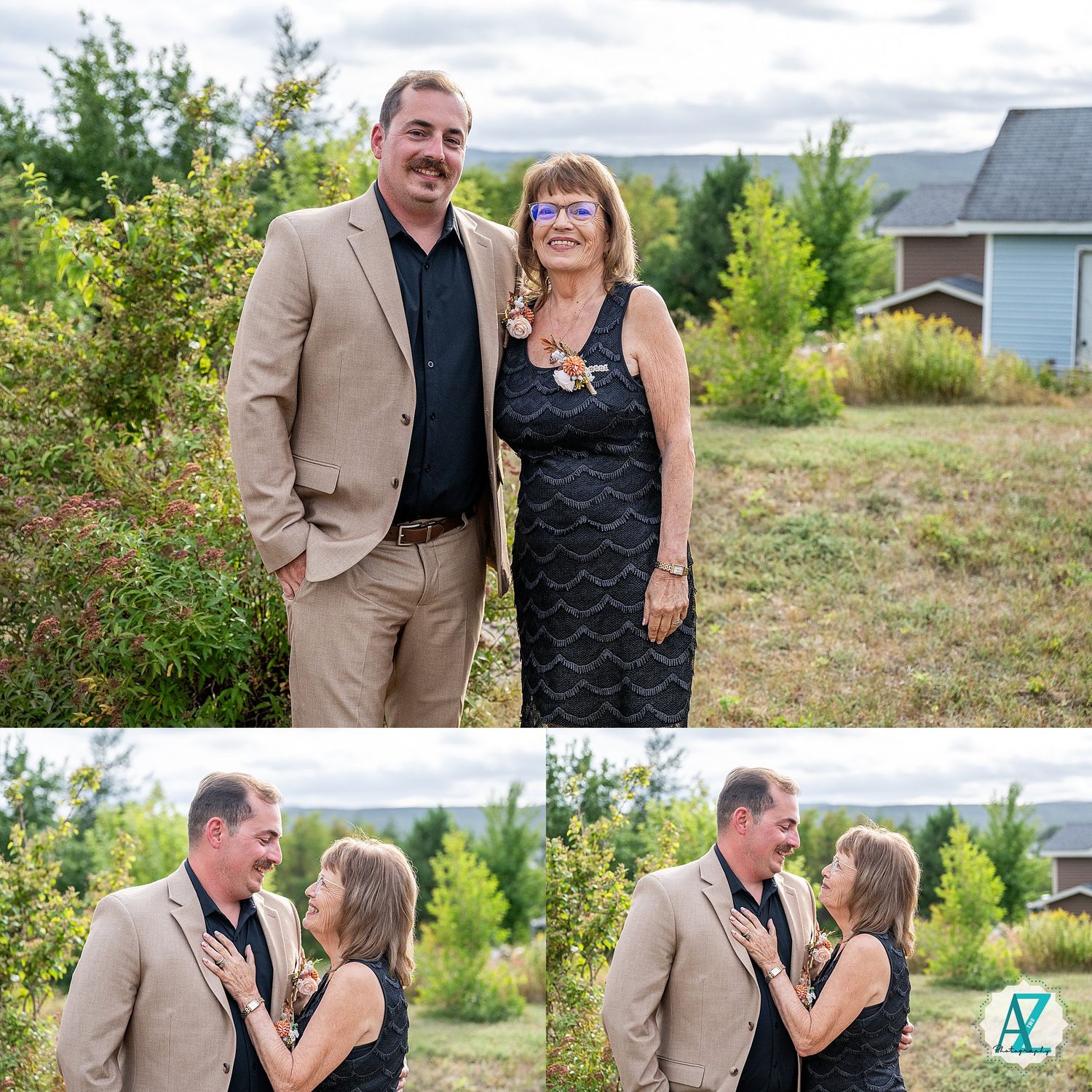 Celebratory moments captured at an outdoor wedding with scenic natural backdrop.