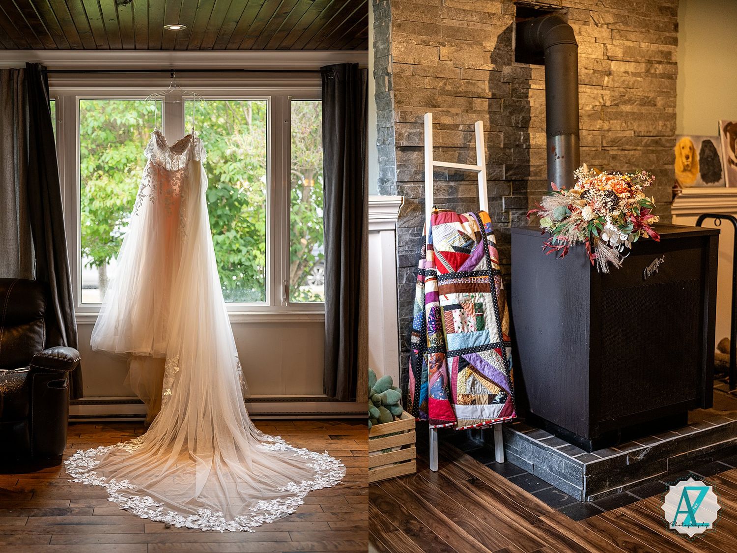 A flowing white wedding dress with lace train displayed in a rustic venue with wooden beams and stone walls.