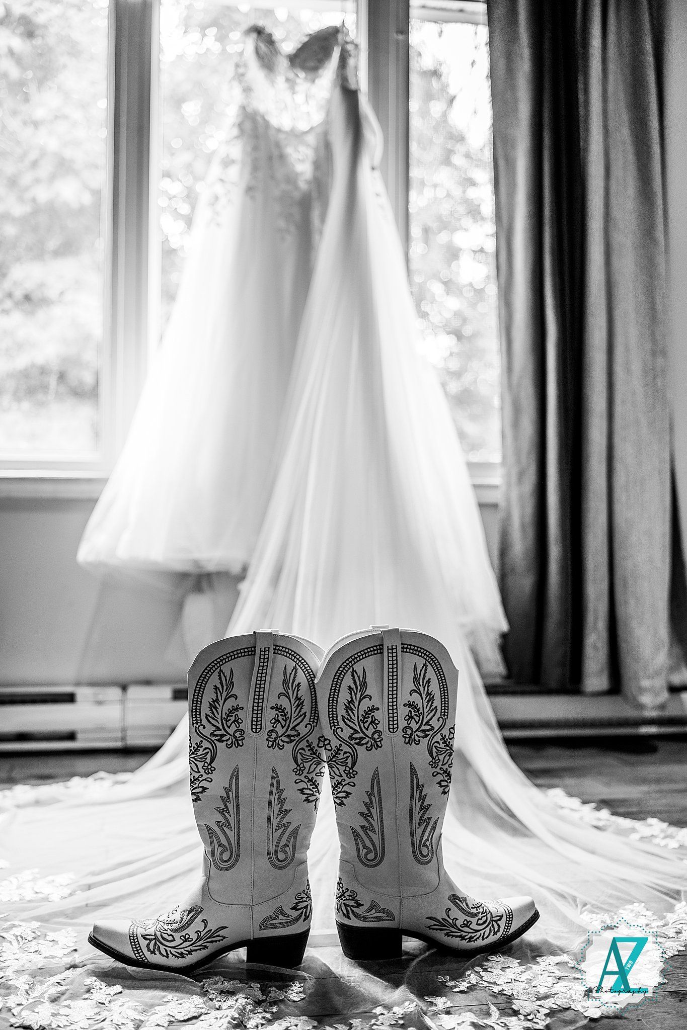 Black and white photo series of cowboy boots beside a wedding dress against a window backdrop.