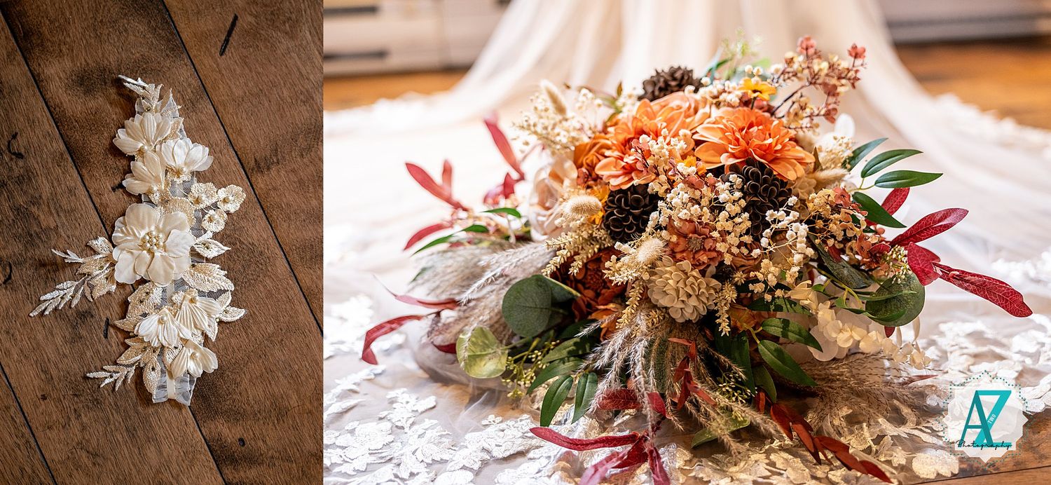 A series of wedding floral arrangements featuring rustic dried flowers and autumn colors on wooden surfaces.