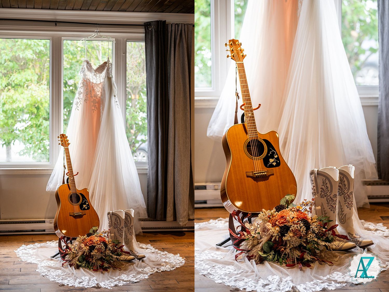 Wedding dress train elegantly arranged with acoustic guitars and autumn floral decorations by sunlit windows.