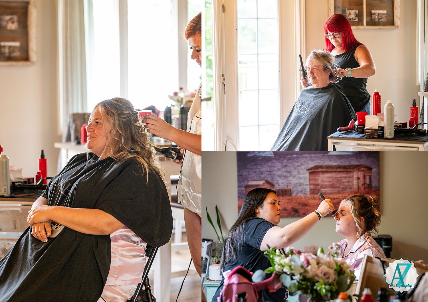 A montage of candid moments at an indoor wedding celebration showing guests interacting in a bright interior space.