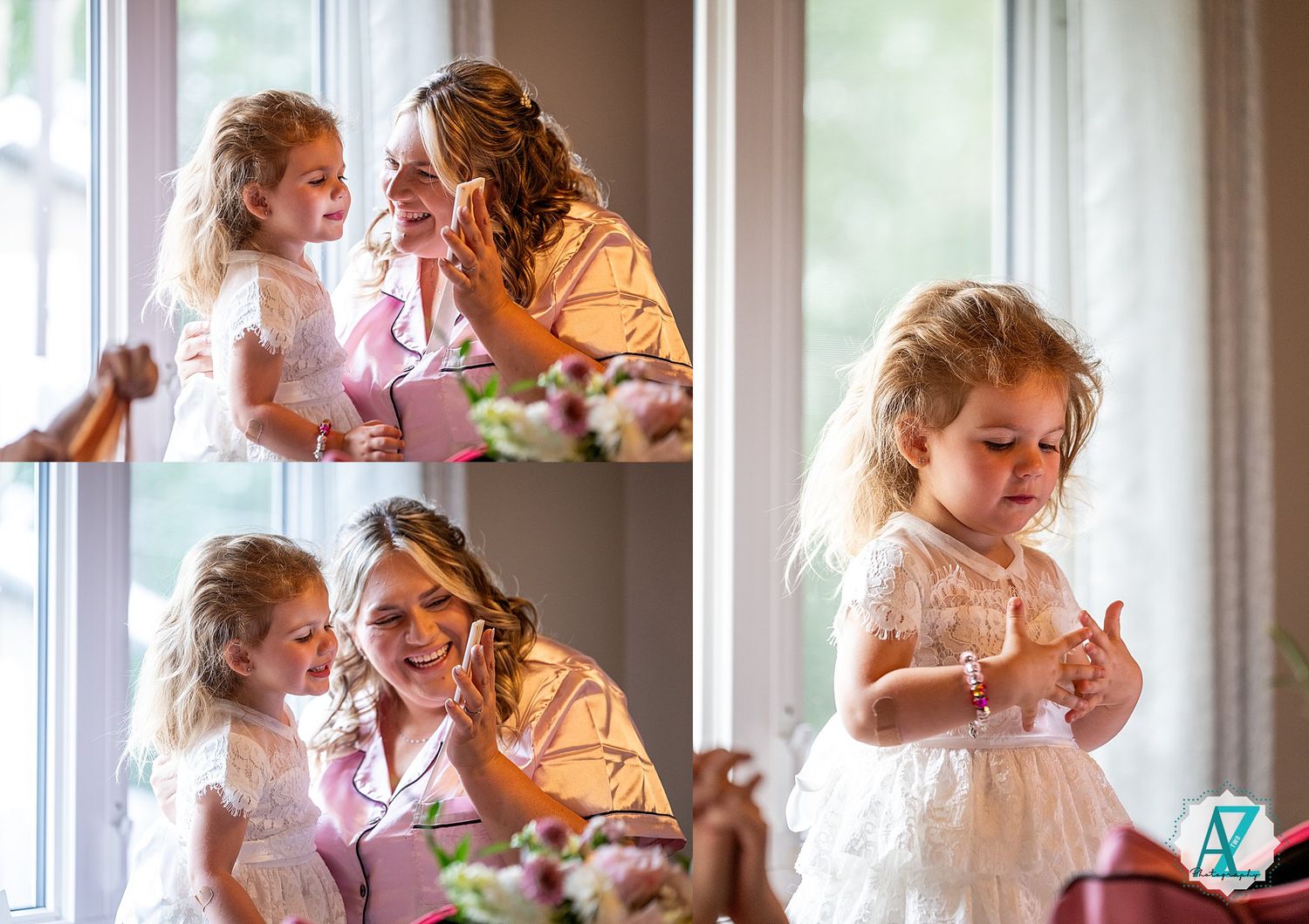 Series of candid moments during wedding preparations showing interactions in a sunlit room.