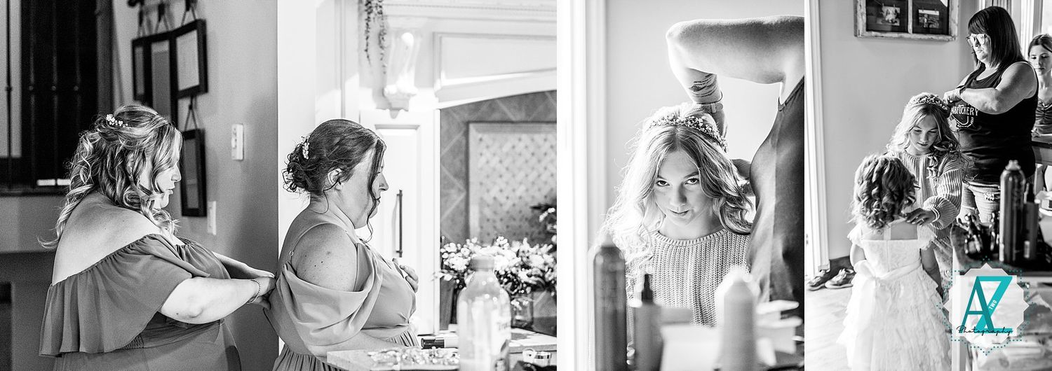 A collection of candid getting-ready wedding photos showing final dress adjustments and preparations.