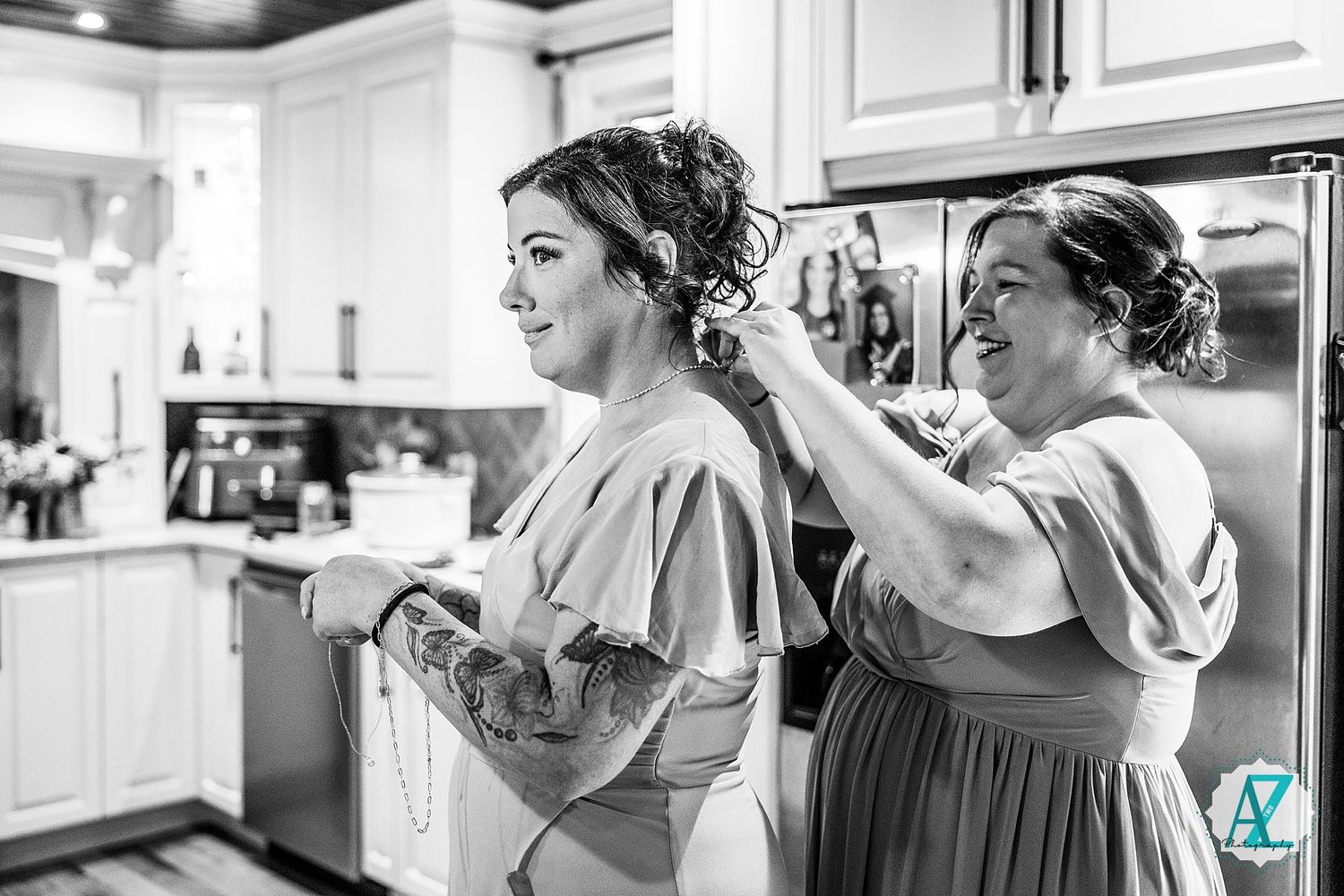 Wedding preparations in bright modern kitchen with contemporary appliances.