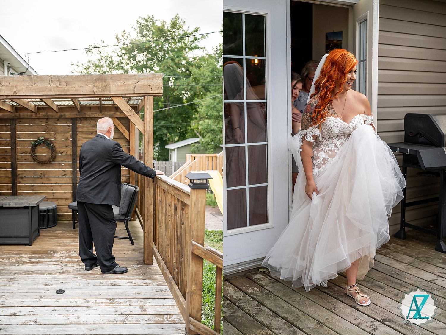 Bride in white gown walking on wooden deck outside barn venue.