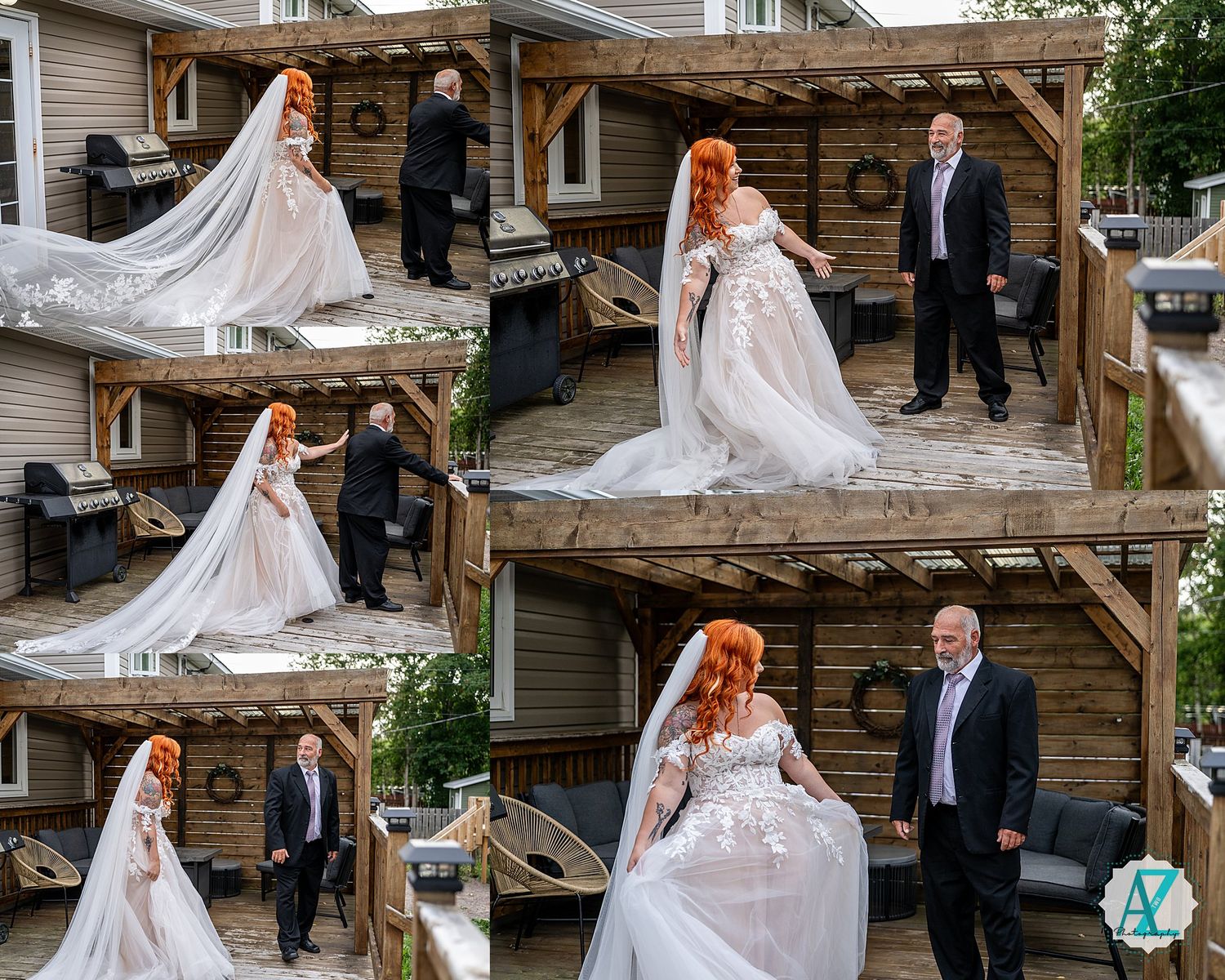 Collage of wedding photos showing a couple posing on wooden deck steps with flowing white dress and long veil.