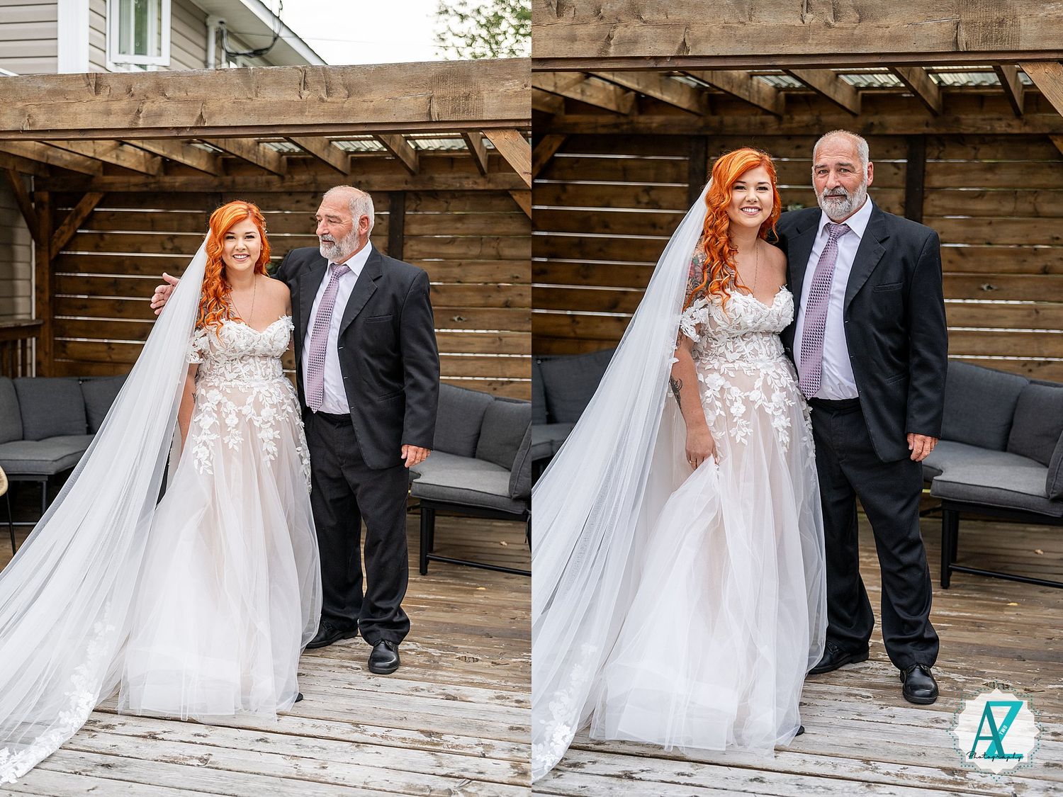 Wedding celebration photos on rustic wooden patio with grey building backdrop.