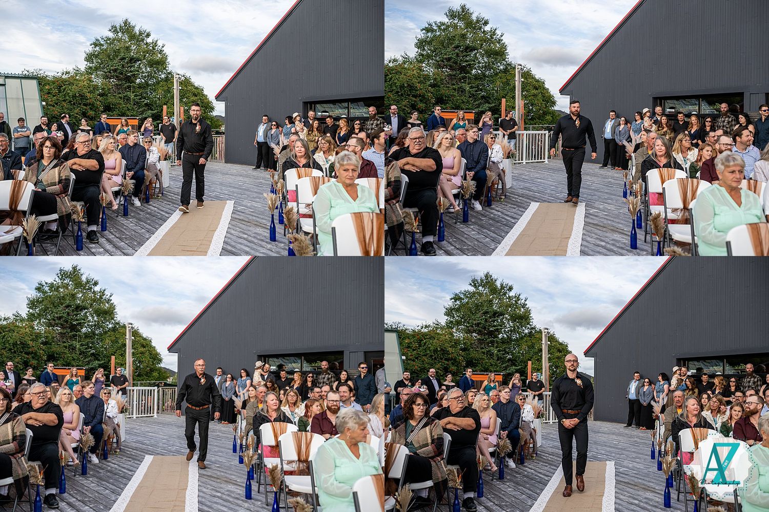Multiple views of wedding ceremony guests seated in rows outdoors at a modern venue.