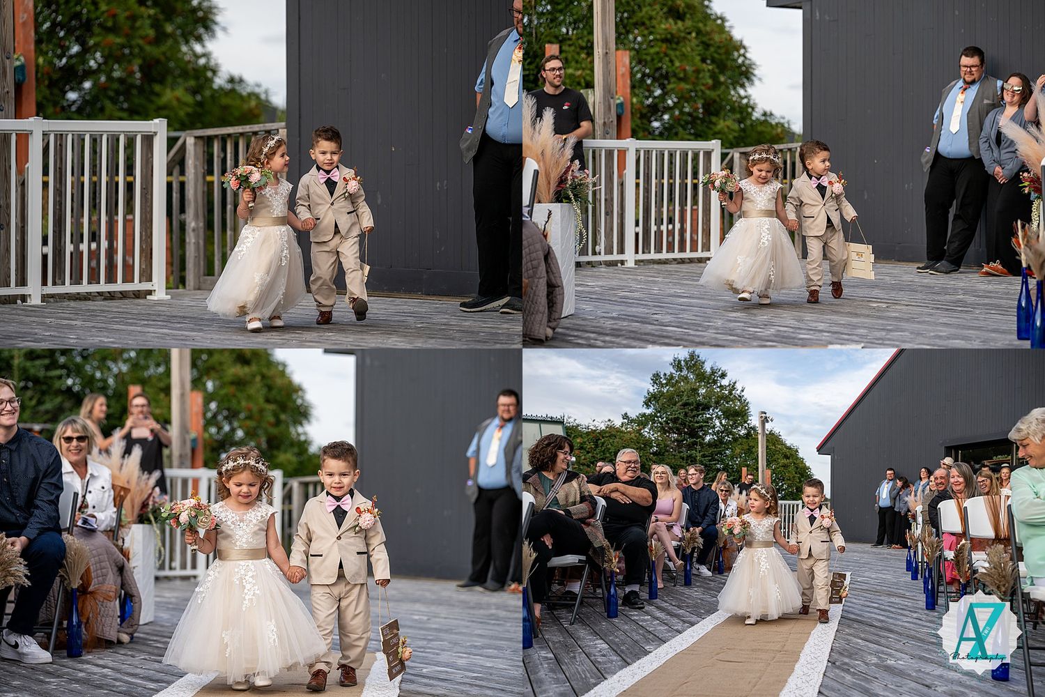 A series of wedding photos showing a bride and bridal party in elegant white dresses at various locations.