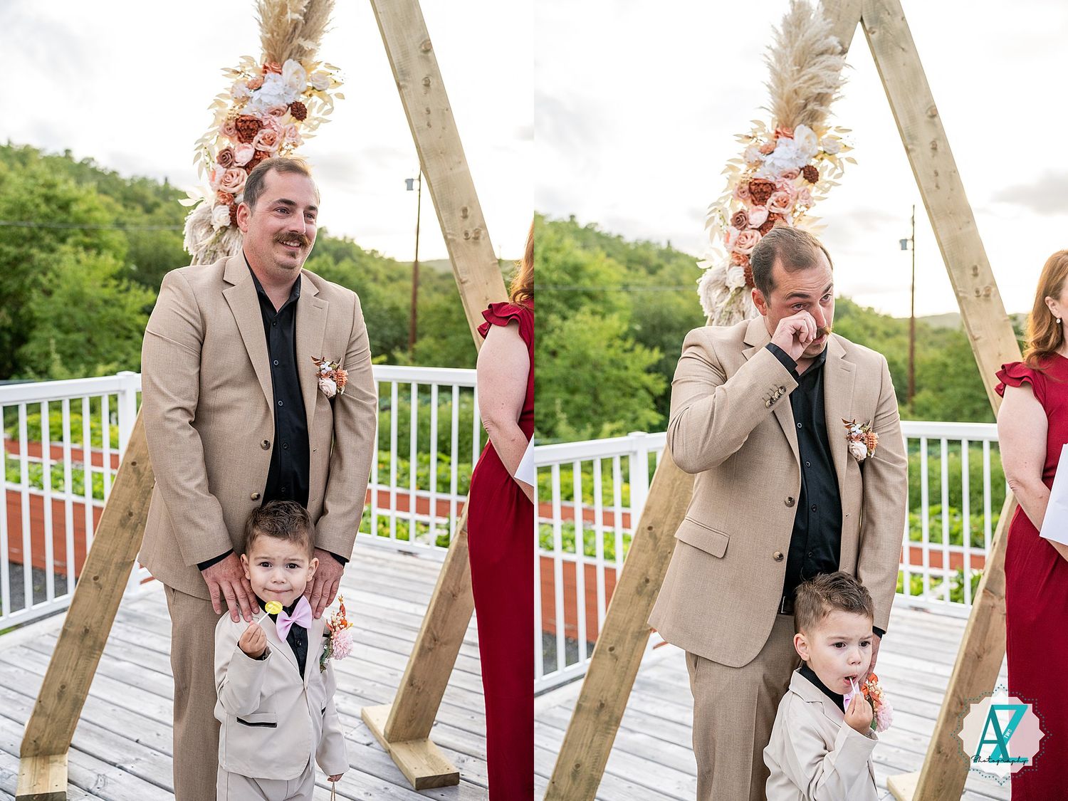 Candid moments captured during outdoor wedding ceremony on wooden deck.