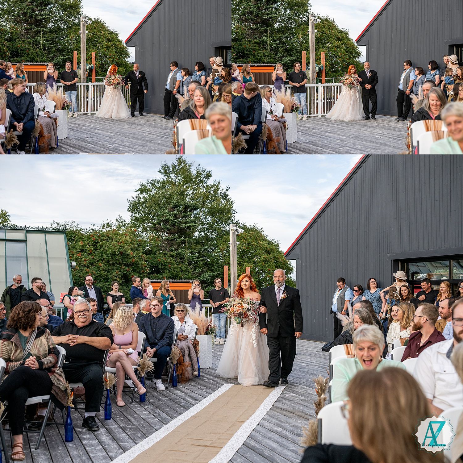 Wedding ceremony processional on outdoor patio with guests seated on both sides of white aisle runner.