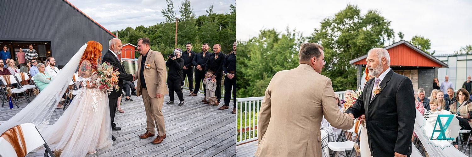 Wedding ceremony and celebration scenes outdoors with rustic barn venue in background.