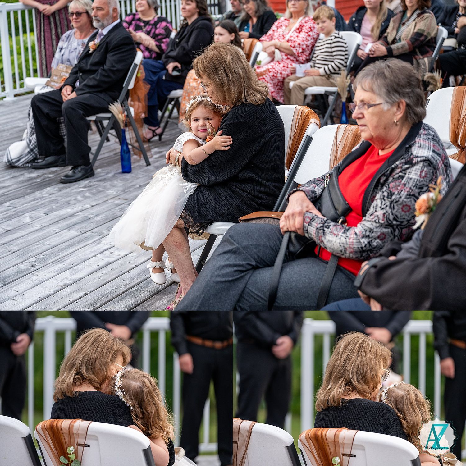 Wedding guests seated in rows of white chairs during an outdoor ceremony.
