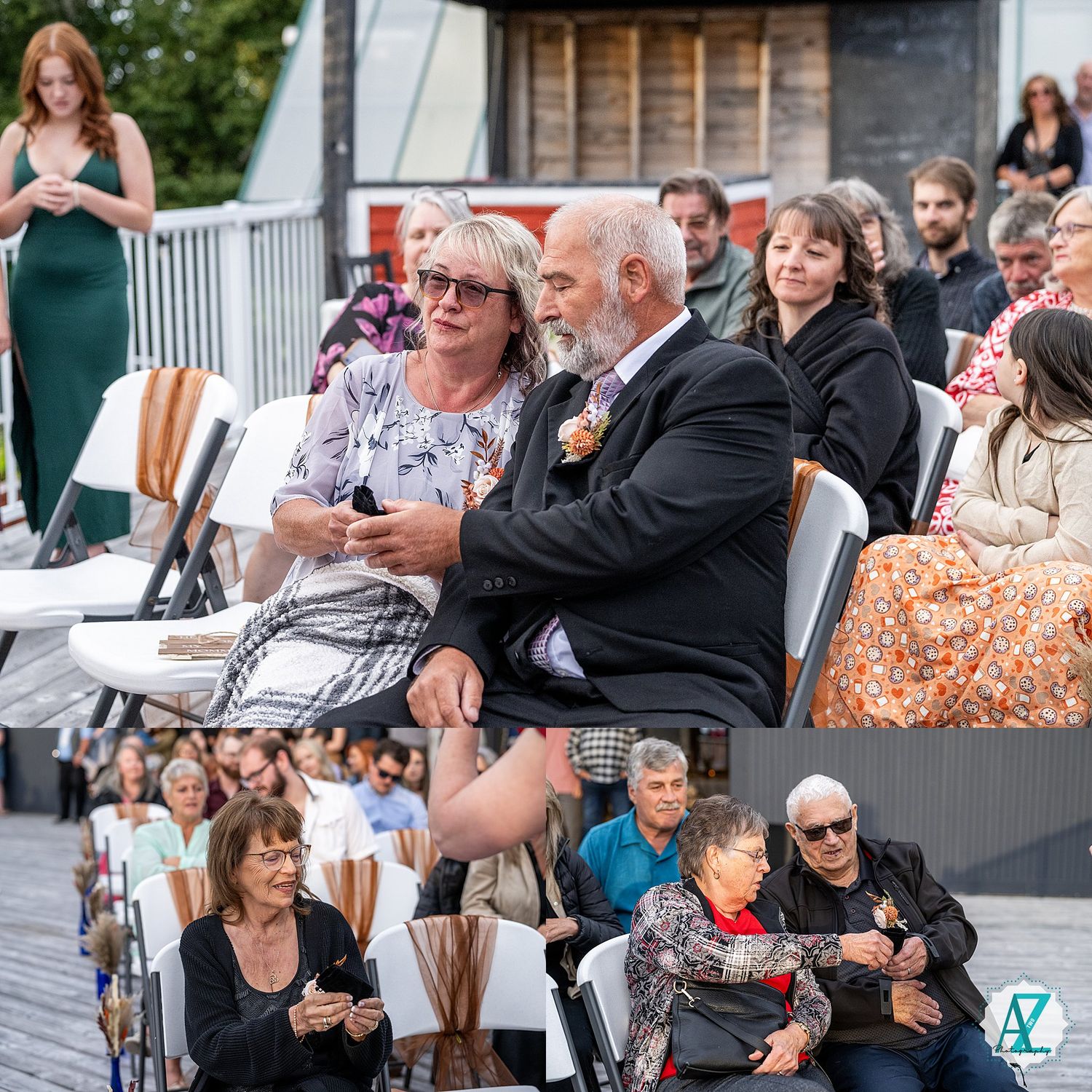 Wedding guests enjoying the celebration from their seats on an outdoor deck venue.