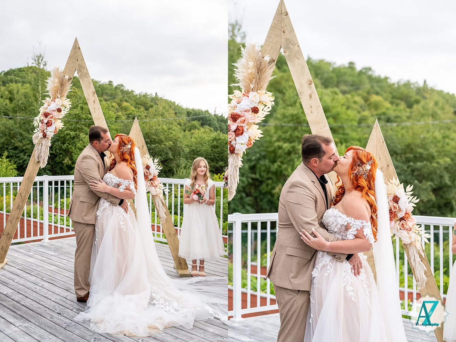Wedding ceremony on a rustic wooden deck with floral arch and mountain views in the background.