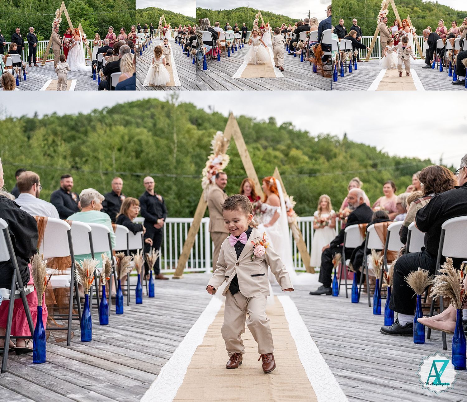 Multiple wedding couples celebrating in sequence on scenic mountain deck venue with seated guests.