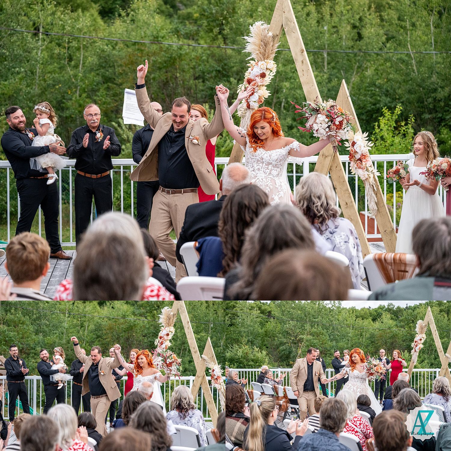 Wedding guests celebrate and cheer during outdoor ceremony with wooden arch decorations.